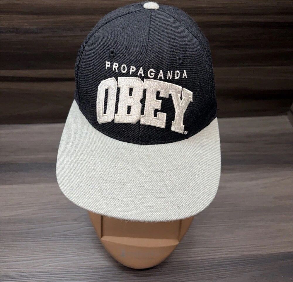 Obey Propaganda Snapback Hat Black Gray Flat Bill Cap